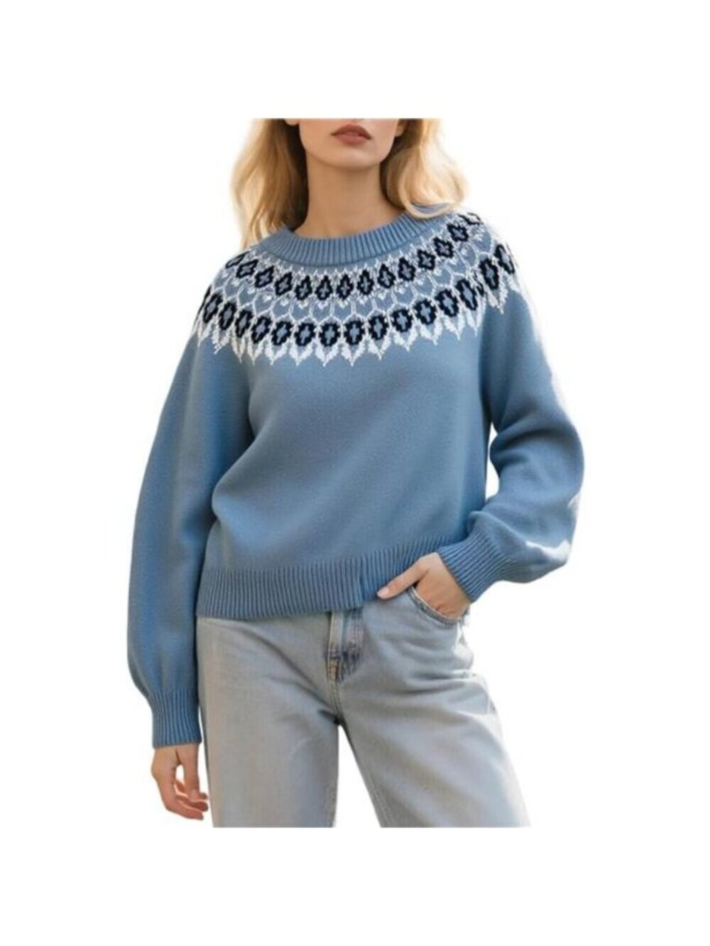 Womens Vintage Fair Isle Knit Sweater Fall Long Sleeve Crewneck